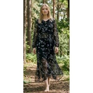 Who What Wear Sheer Black Floral Boho Tiered Maxi L Hippie Festival Forest Fairy